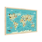 Obraz mapa świata dla dzieci zwierzątka 60x40cm w ramie drewnianej naturalnej