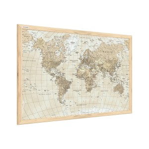 Obraz mapa świata beżowe pastelowe kolory 60x40cm w ramie drewnianej naturalnej