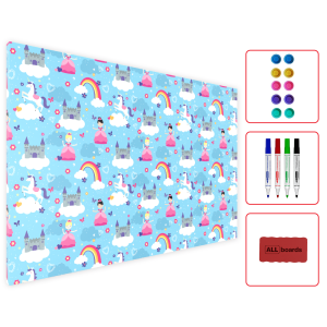 Tablica na magnesy na ścianę METALboards, księżniczki i jednorożce 60x40 cm + zestaw akcesoriów GRATIS