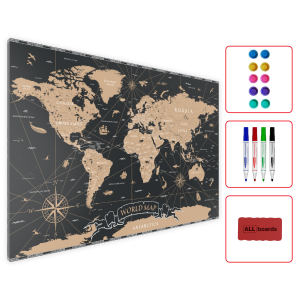 Tablica na magnesy METALboards, czarna mapa świata 90x60 cm + zestaw akcesoriów GRATIS