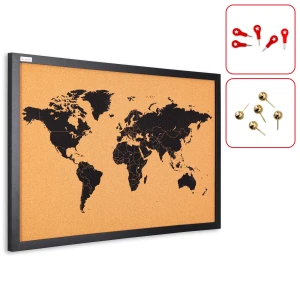 Tablica korkowa MAPA ŚWIATA rama drewniana lakierowana CZARNA 60x40 cm