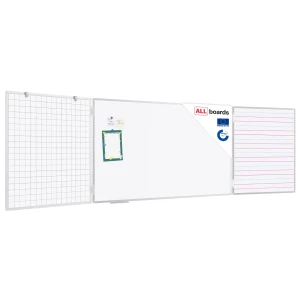 Tablica biała szkolna suchościeralna magnetyczna typu "tryptyk" 100x170 // 340 cm z kratką oraz trójlinią
