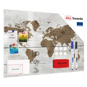 Tablica na magnesy METALboards,  jasna mapa świata 90x60 cm + zestaw akcesoriów GRATIS