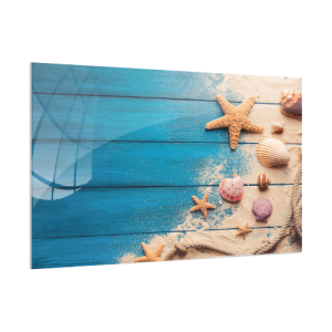 Obraz szklany MUSZELKI DREWNO PIASEK LINA 90x60 cm