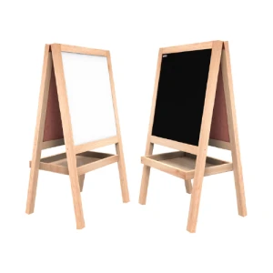 OUTLET Drewniana dwustronna tablica KIDSboards kredowa magnetyczna 120 cm dla dziecka, solidna, grube ramy, składana półka, potykacz