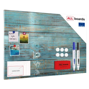 Tablica na magnesy na ścianę METALboards, niebieska deska retro 90x60 cm + zestaw akcesoriów GRATIS