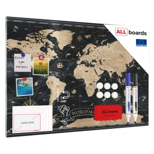Tablica na magnesy METALboards, czarna mapa świata 90x60 cm + zestaw akcesoriów GRATIS