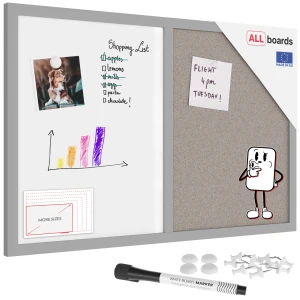 Tablica korkowo magnetyczna 60x40 cm szaro-biała COMBI rama drewniana lakierowana szara