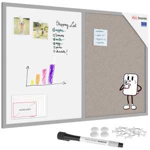 Tablica korkowo magnetyczna 90x60 cm szaro-biała COMBI rama drewniana lakierowana szara