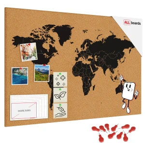 Tablica korkowa MAPA ŚWIATA, bezramowa 90x60 cm + GRATIS