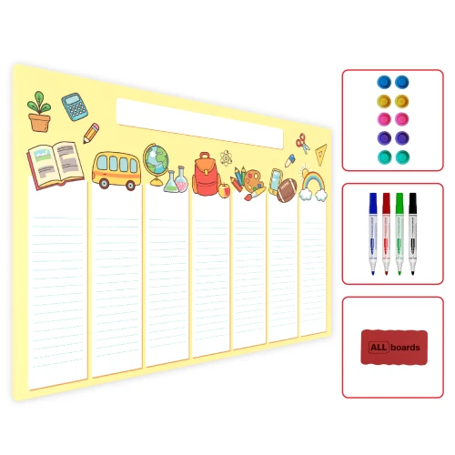 Magnetyczny plan lekcji METALboards, żółty 60x40 cm z zestawem akcesoriów gratis